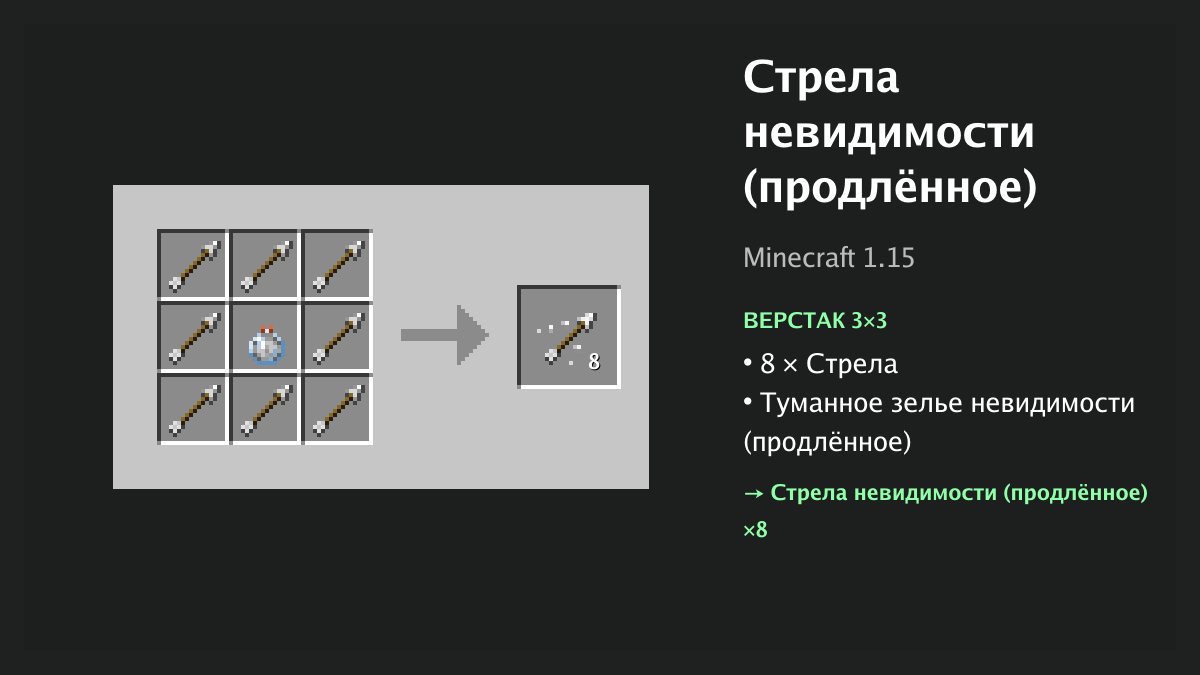 Рецепт: стрела невидимости (продлённое) в Minecraft — 8 × стрела, туманное зелье невидимости (продлённое) (верстак 3×3)