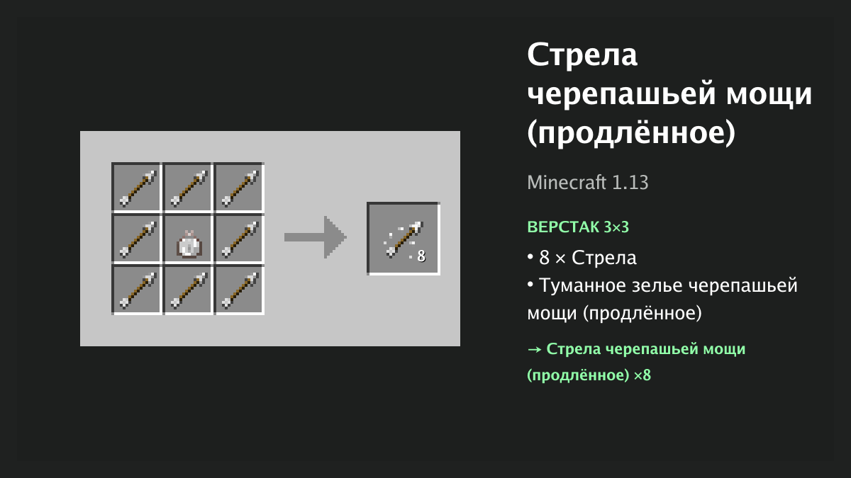 Рецепт: стрела черепашьей мощи (продлённое) в Minecraft — 8 × стрела, туманное зелье черепашьей мощи (продлённое) (верстак 3×3)