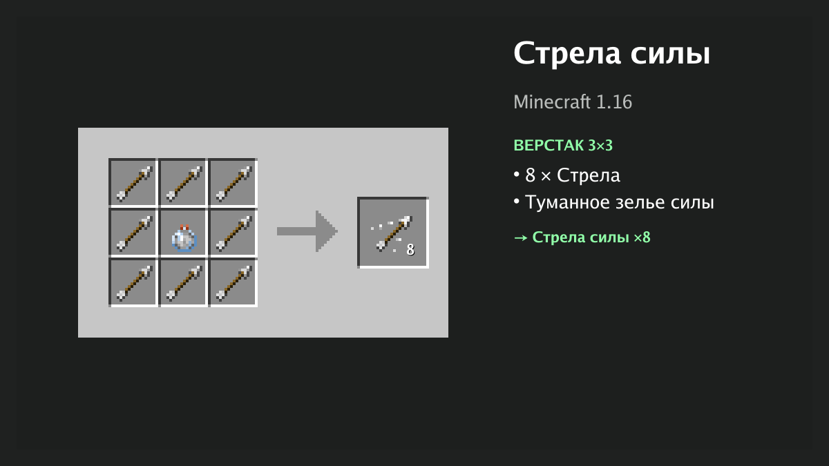 Рецепт: стрела силы в Minecraft — 8 × стрела, туманное зелье силы (верстак 3×3)