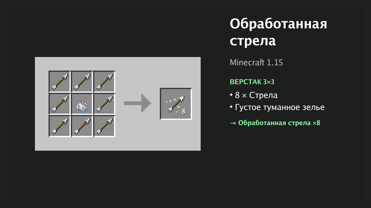 Рецепт: обработанная стрела в Minecraft — 8 × стрела, густое туманное зелье (верстак 3×3)