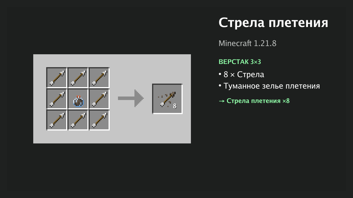Рецепт: стрела плетения в Minecraft — 8 × стрела, туманное зелье плетения (верстак 3×3)