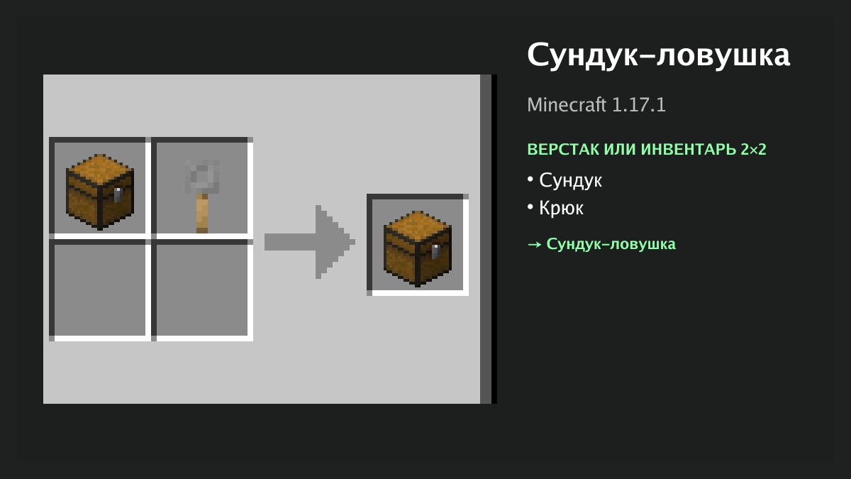 Рецепт: сундук-ловушка в Minecraft — сундук, крюк (верстак или инвентарь 2×2)