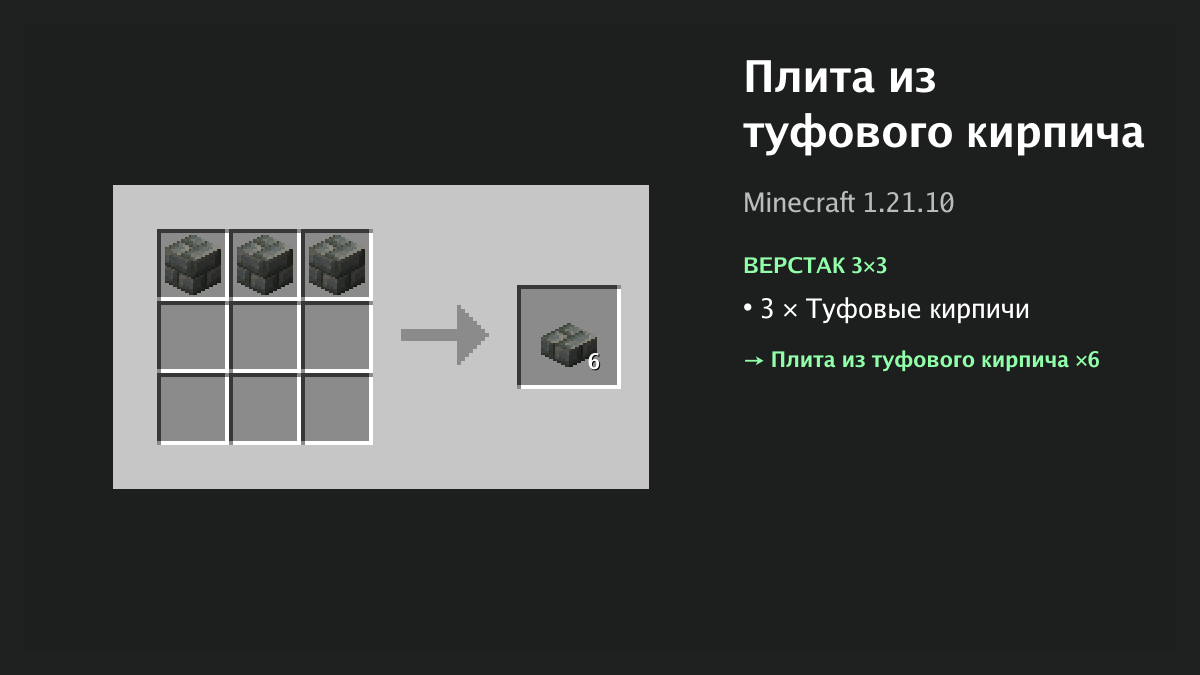 Рецепт: плита из туфового кирпича в Minecraft — 3 × туфовые кирпичи (верстак 3×3)