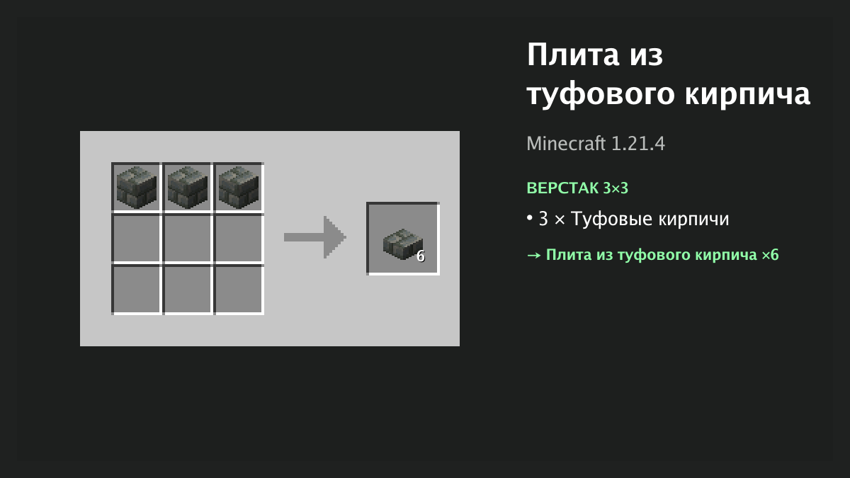 Рецепт: плита из туфового кирпича в Minecraft — 3 × туфовые кирпичи (верстак 3×3)