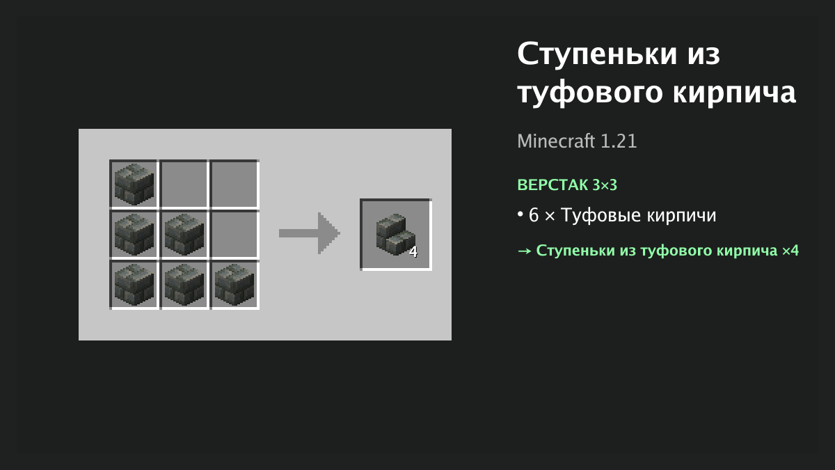 Рецепт: ступеньки из туфового кирпича в Minecraft — 6 × туфовые кирпичи (верстак 3×3)