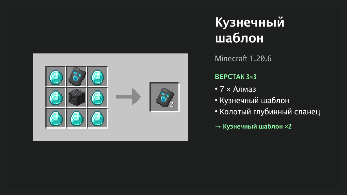 Рецепт: кузнечный шаблон в Minecraft — 7 × алмаз, кузнечный шаблон, колотый глубинный сланец (верстак 3×3)