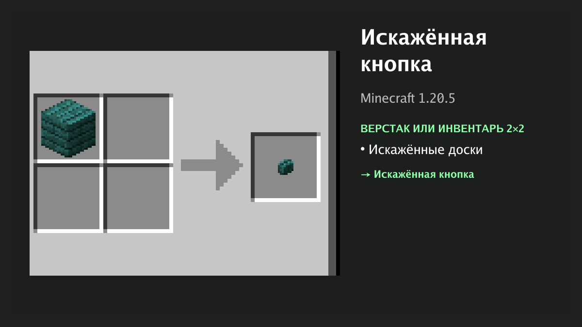 Рецепт: искажённая кнопка в Minecraft — искажённые доски (верстак или инвентарь 2×2)