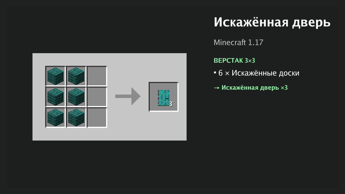 Рецепт: искажённая дверь в Minecraft — 6 × искажённые доски (верстак 3×3)