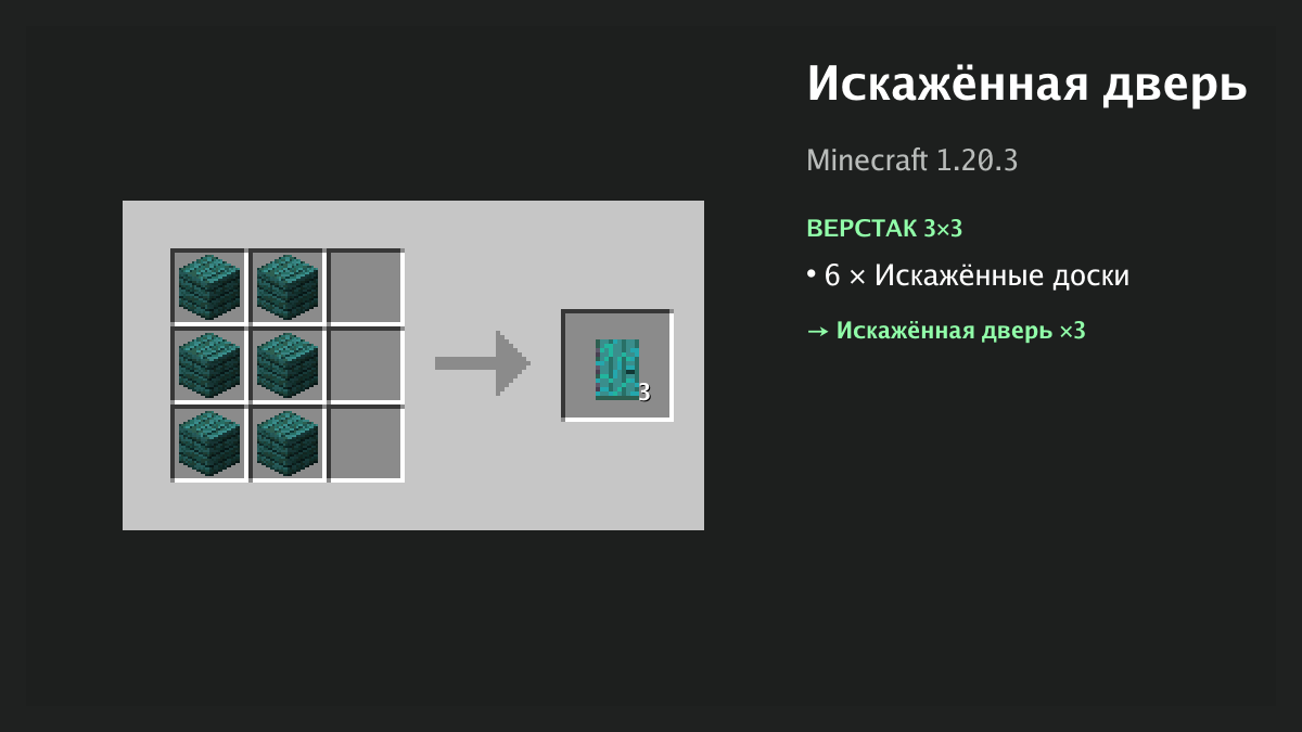 Рецепт: искажённая дверь в Minecraft — 6 × искажённые доски (верстак 3×3)