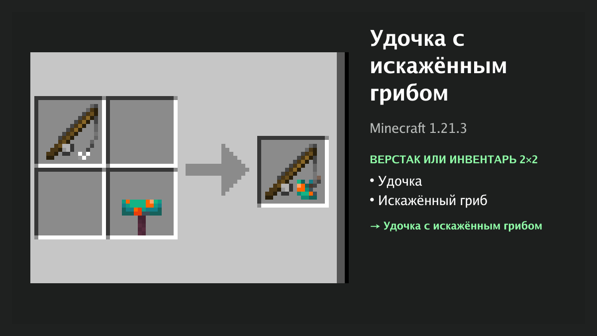 Рецепт: удочка с искажённым грибом в Minecraft — удочка, искажённый гриб (верстак или инвентарь 2×2)