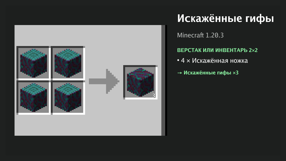 Рецепт: искажённые гифы в Minecraft — 4 × искажённая ножка (верстак или инвентарь 2×2)