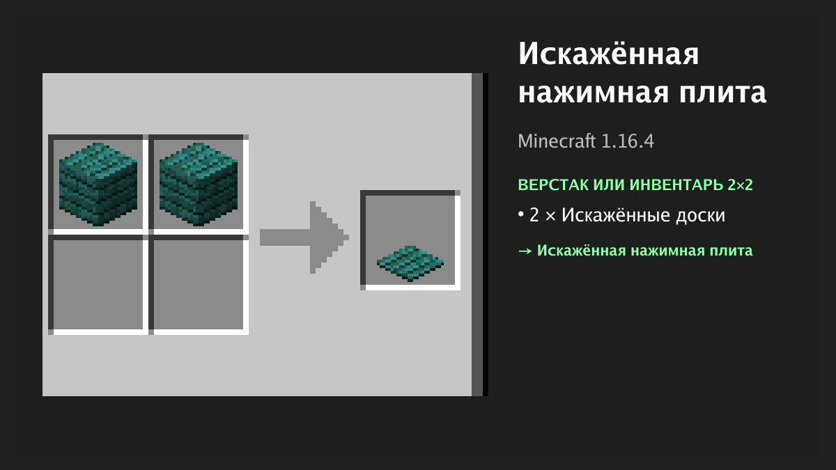 Рецепт: искажённая нажимная плита в Minecraft — 2 × искажённые доски (верстак или инвентарь 2×2)