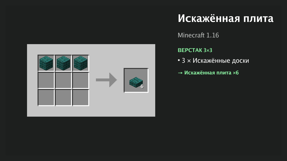 Рецепт: искажённая плита в Minecraft — 3 × искажённые доски (верстак 3×3)
