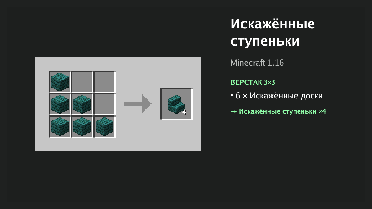 Рецепт: искажённые ступеньки в Minecraft — 6 × искажённые доски (верстак 3×3)