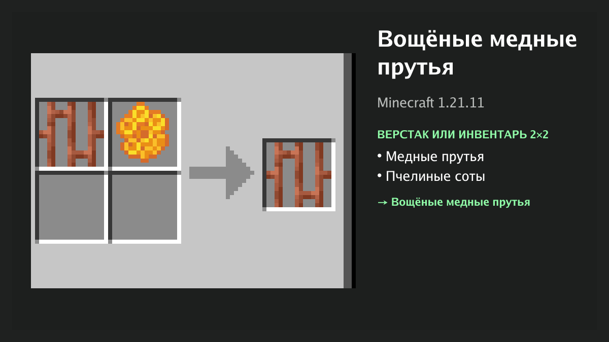 Рецепт: вощёные медные прутья в Minecraft — медные прутья, пчелиные соты (верстак или инвентарь 2×2)