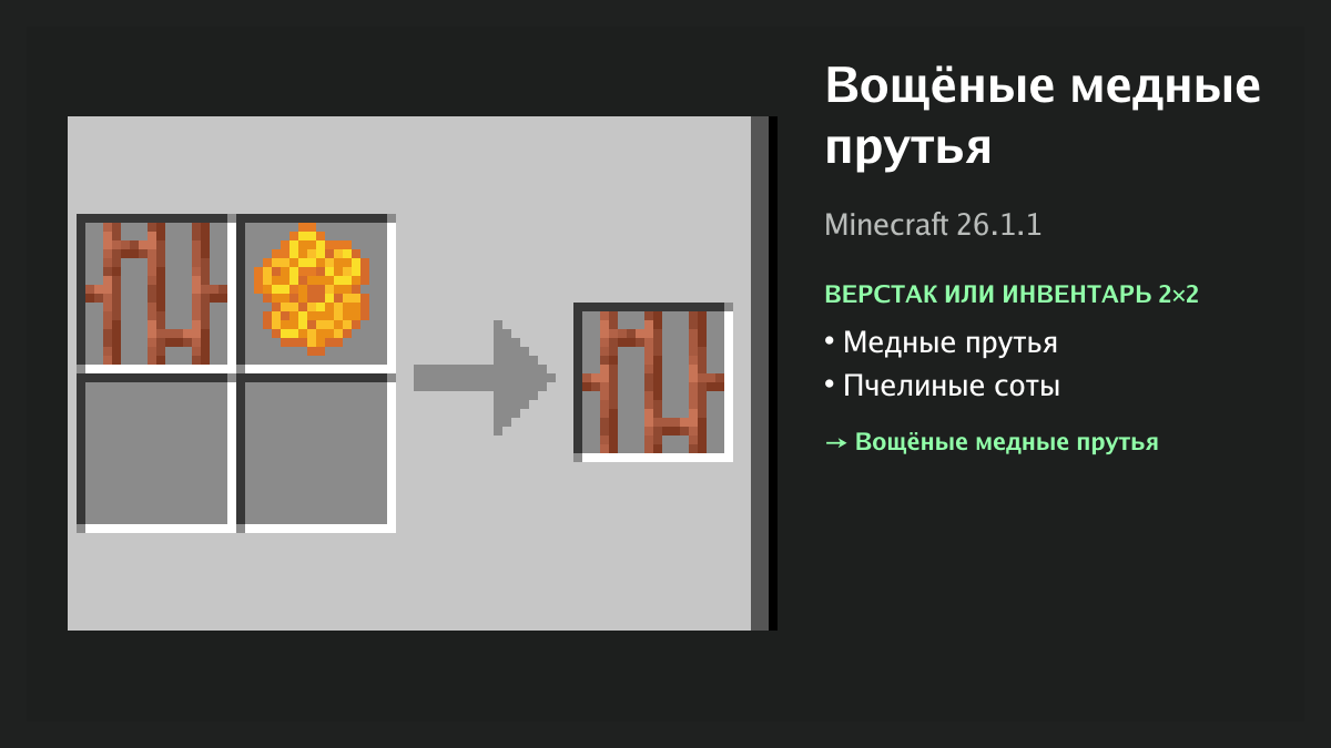 Рецепт: вощёные медные прутья в Minecraft — медные прутья, пчелиные соты (верстак или инвентарь 2×2)
