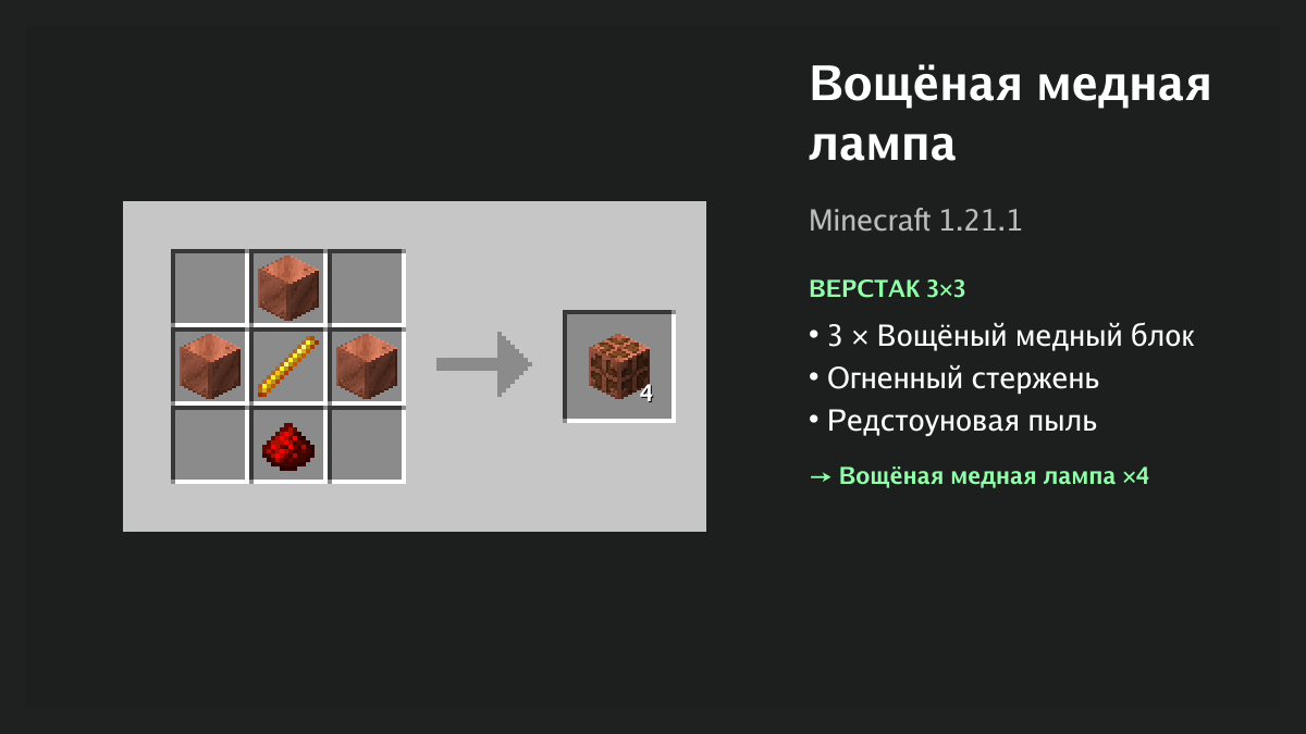 Рецепт: вощёная медная лампа в Minecraft — 3 × вощёный медный блок, огненный стержень, редстоуновая пыль (верстак 3×3)