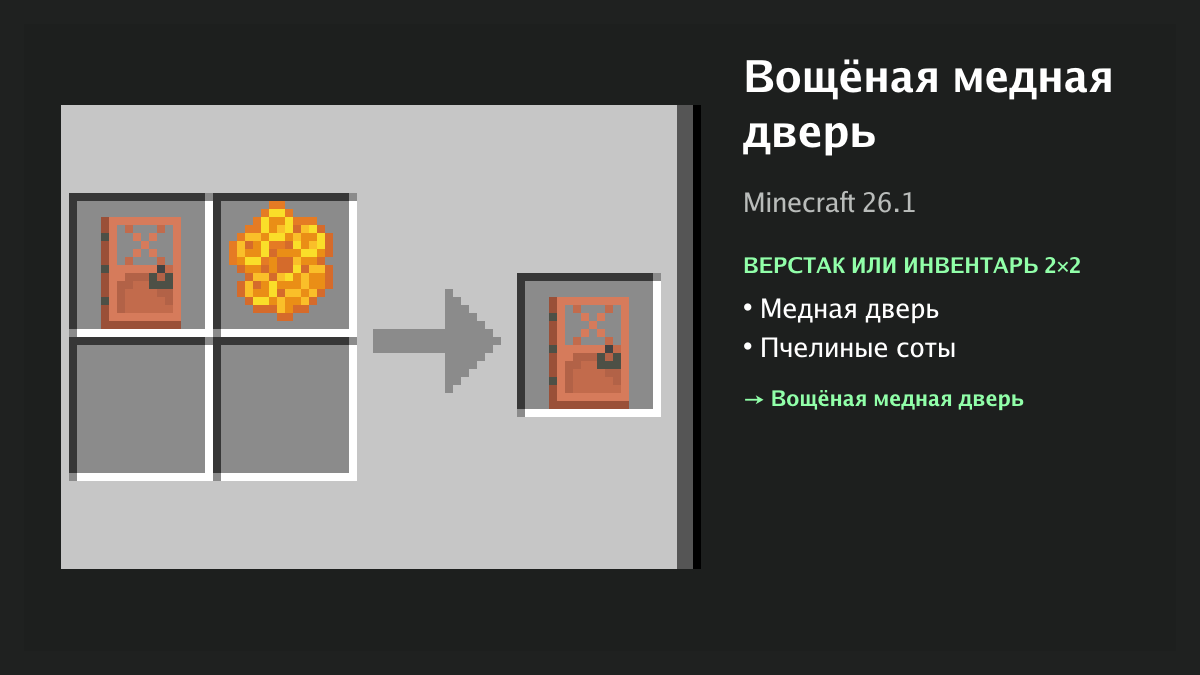 Рецепт: вощёная медная дверь в Minecraft — медная дверь, пчелиные соты (верстак или инвентарь 2×2)