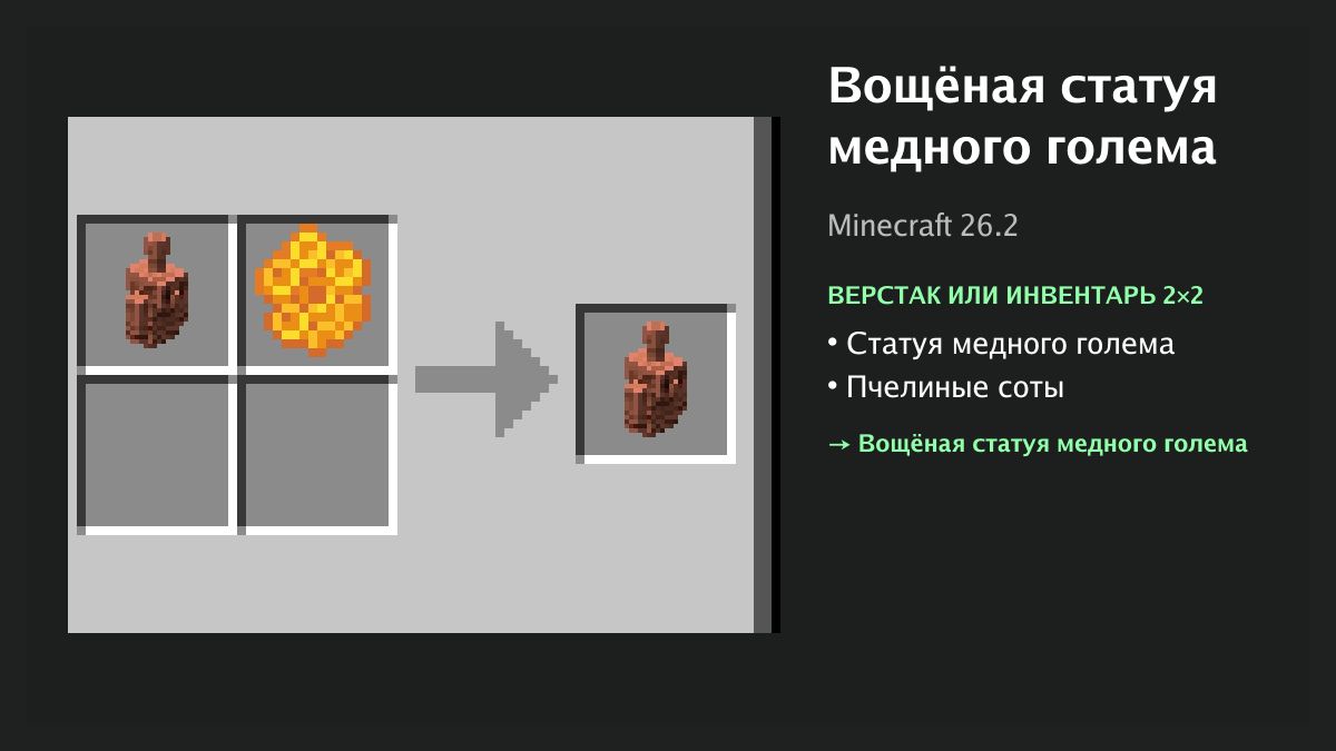 Рецепт: вощёная статуя медного голема в Minecraft — статуя медного голема, пчелиные соты (верстак или инвентарь 2×2)