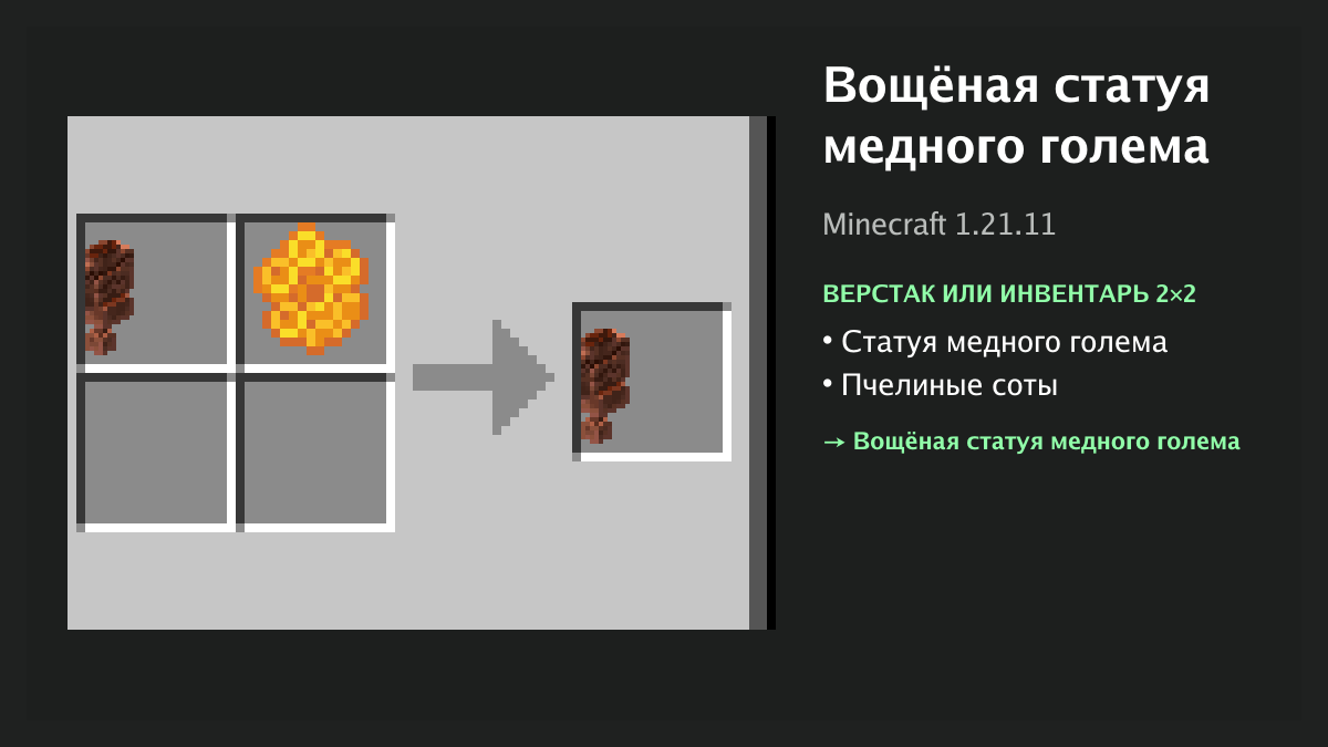 Рецепт: вощёная статуя медного голема в Minecraft — статуя медного голема, пчелиные соты (верстак или инвентарь 2×2)