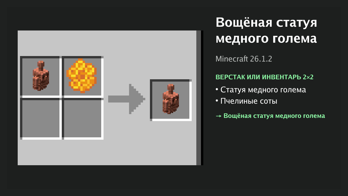 Рецепт: вощёная статуя медного голема в Minecraft — статуя медного голема, пчелиные соты (верстак или инвентарь 2×2)