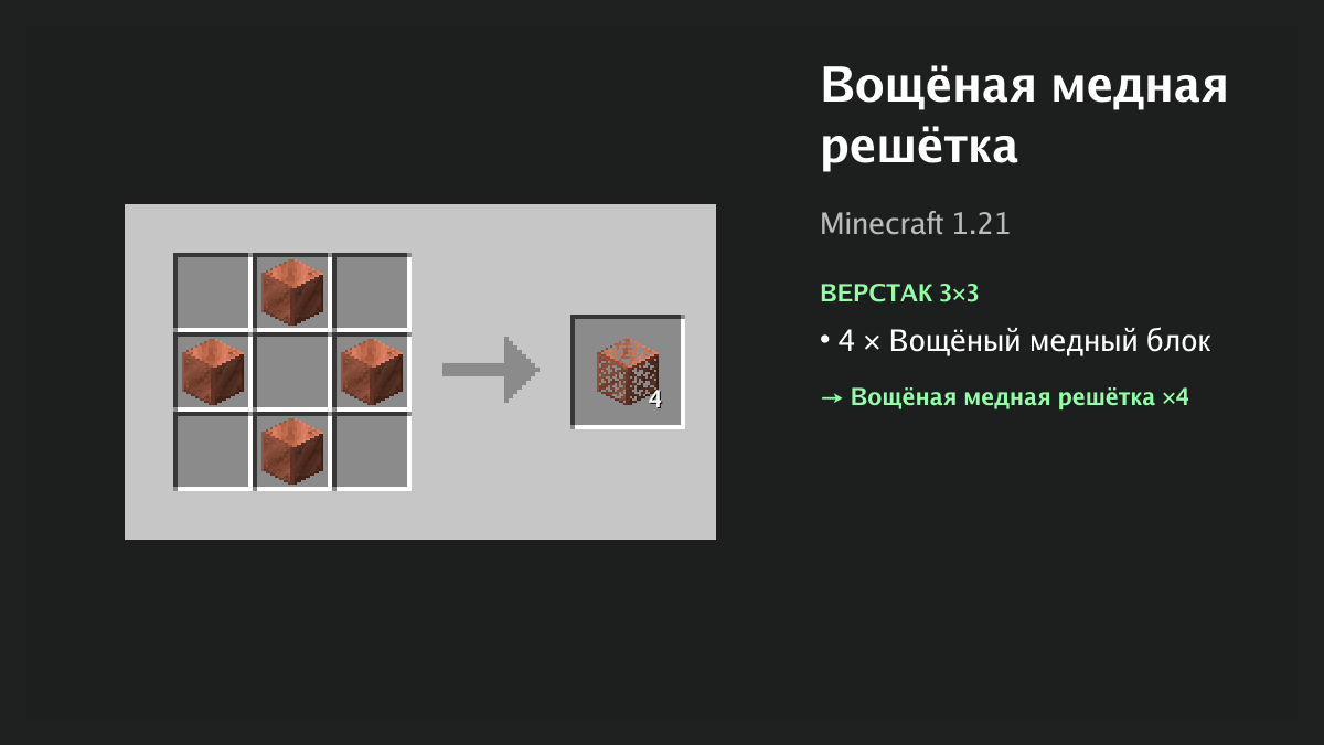 Рецепт: вощёная медная решётка в Minecraft — 4 × вощёный медный блок (верстак 3×3)