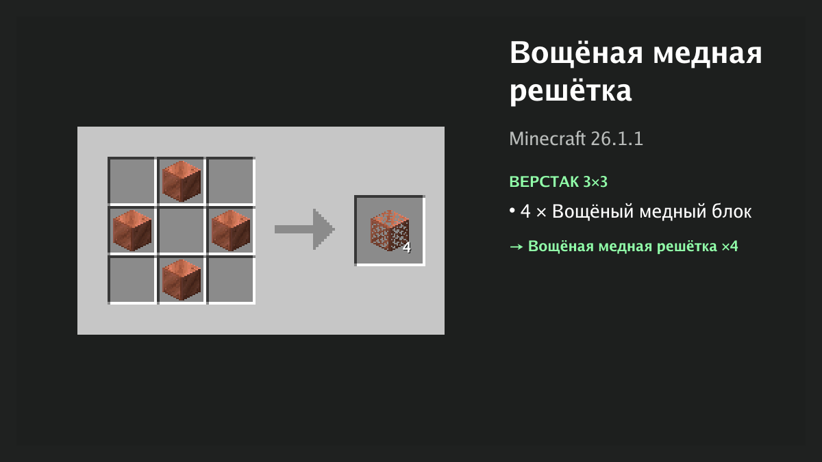 Рецепт: вощёная медная решётка в Minecraft — 4 × вощёный медный блок (верстак 3×3)