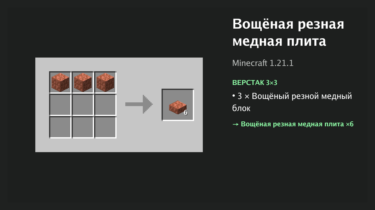 Рецепт: вощёная резная медная плита в Minecraft — 3 × вощёный резной медный блок (верстак 3×3)