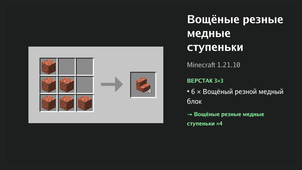 Рецепт: вощёные резные медные ступеньки в Minecraft — 6 × вощёный резной медный блок (верстак 3×3)