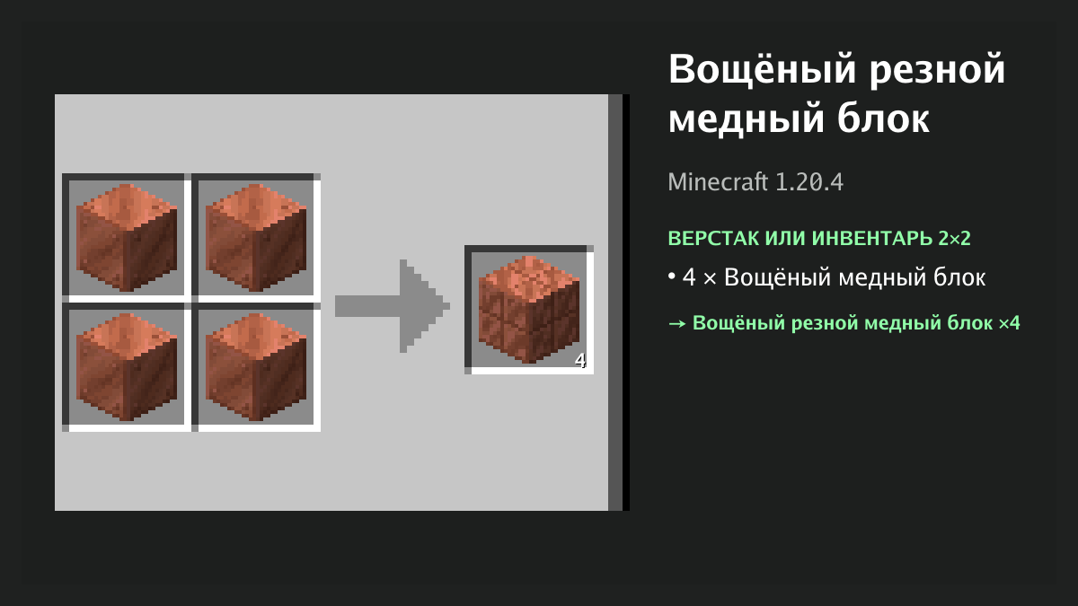 Рецепт: вощёный резной медный блок в Minecraft — 4 × вощёный медный блок (верстак или инвентарь 2×2)