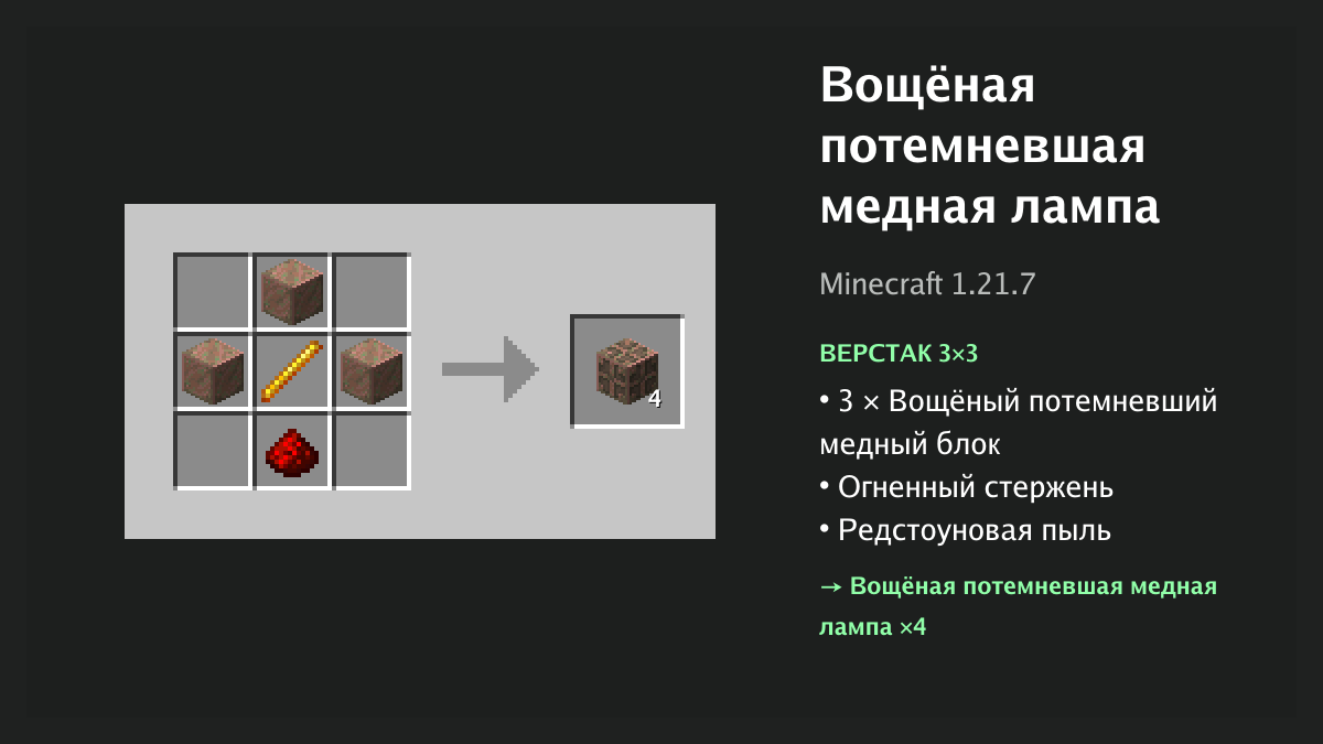 Рецепт: вощёная потемневшая медная лампа в Minecraft — 3 × вощёный потемневший медный блок, огненный стержень, редстоуновая пыль (верстак 3×3)