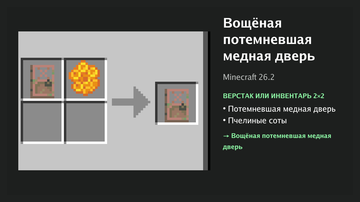 Рецепт: вощёная потемневшая медная дверь в Minecraft — потемневшая медная дверь, пчелиные соты (верстак или инвентарь 2×2)