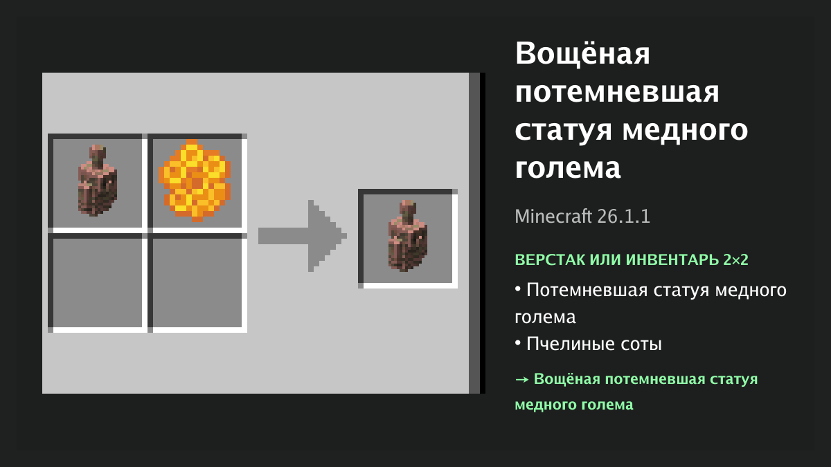 Рецепт: вощёная потемневшая статуя медного голема в Minecraft — потемневшая статуя медного голема, пчелиные соты (верстак или инвентарь 2×2)