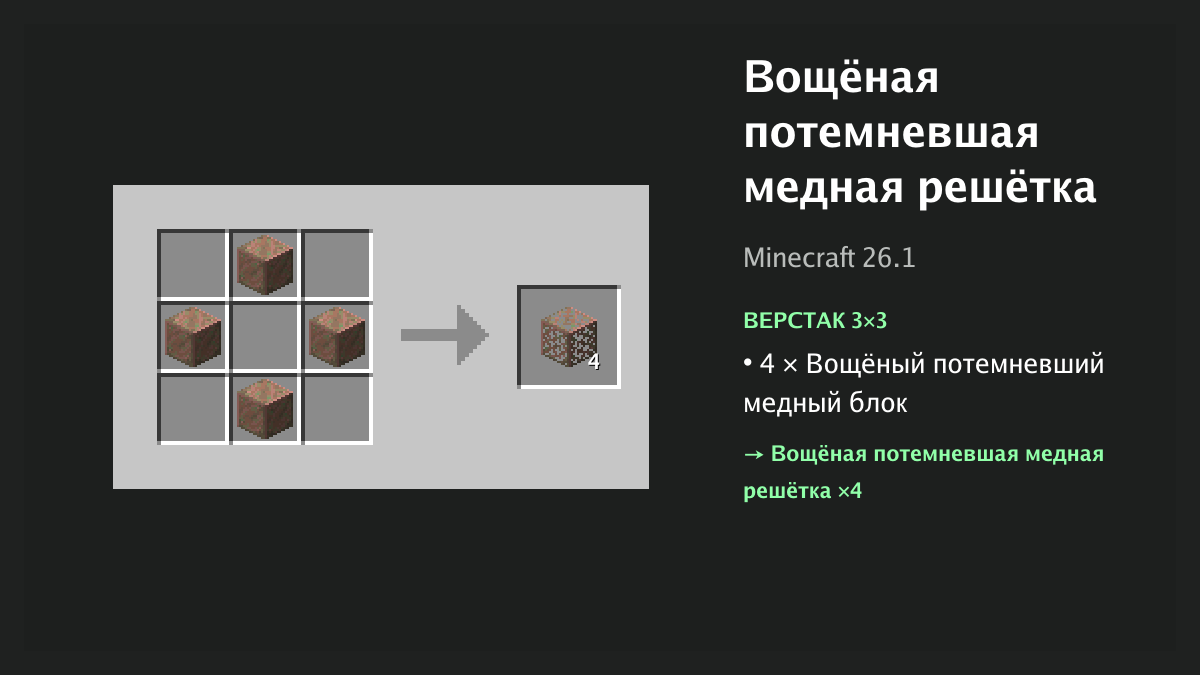 Рецепт: вощёная потемневшая медная решётка в Minecraft — 4 × вощёный потемневший медный блок (верстак 3×3)