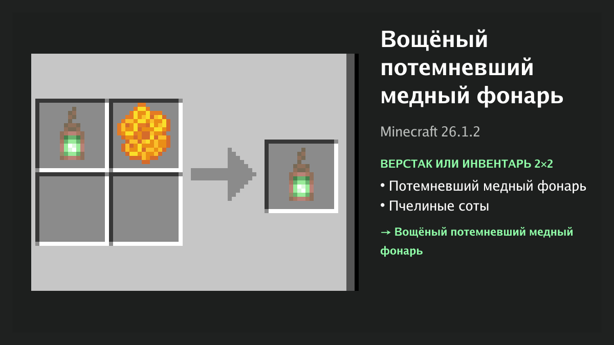 Рецепт: вощёный потемневший медный фонарь в Minecraft — потемневший медный фонарь, пчелиные соты (верстак или инвентарь 2×2)