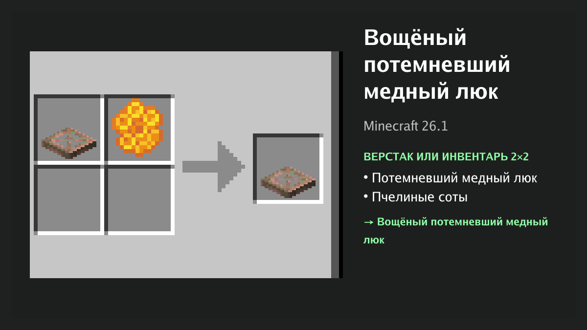 Рецепт: вощёный потемневший медный люк в Minecraft — потемневший медный люк, пчелиные соты (верстак или инвентарь 2×2)