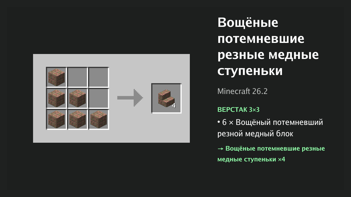 Рецепт: вощёные потемневшие резные медные ступеньки в Minecraft — 6 × вощёный потемневший резной медный блок (верстак 3×3)