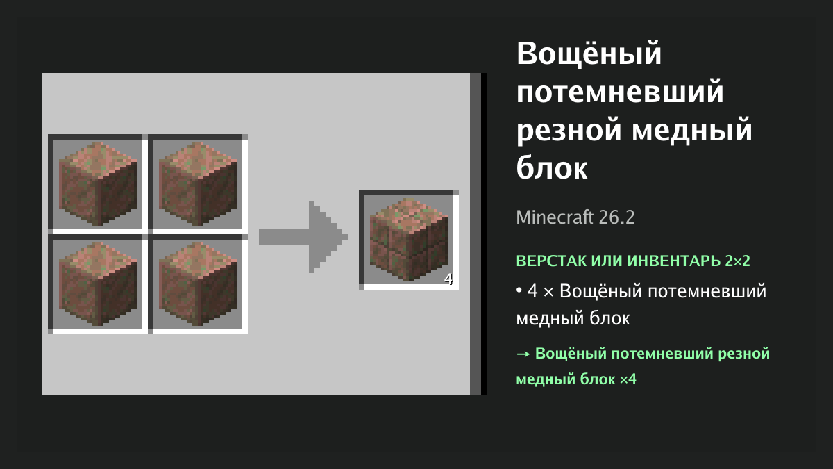 Рецепт: вощёный потемневший резной медный блок в Minecraft — 4 × вощёный потемневший медный блок (верстак или инвентарь 2×2)