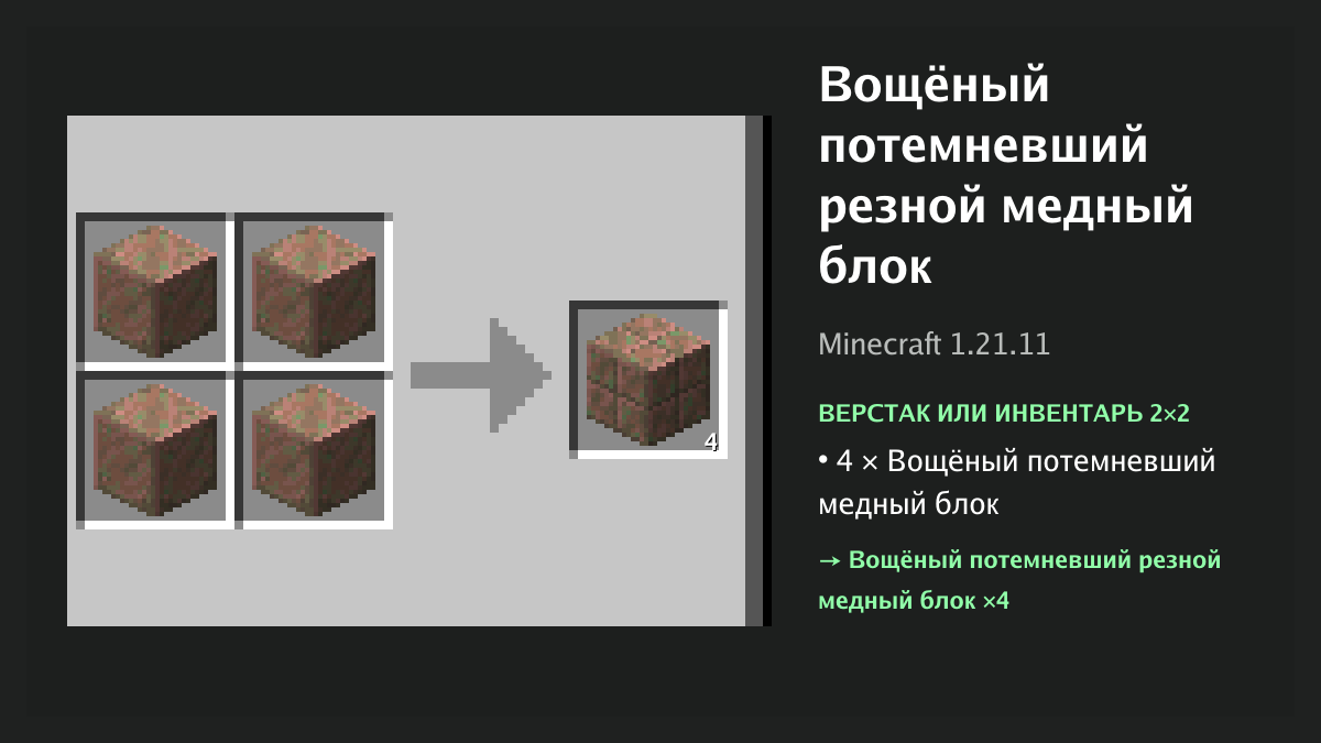 Рецепт: вощёный потемневший резной медный блок в Minecraft — 4 × вощёный потемневший медный блок (верстак или инвентарь 2×2)