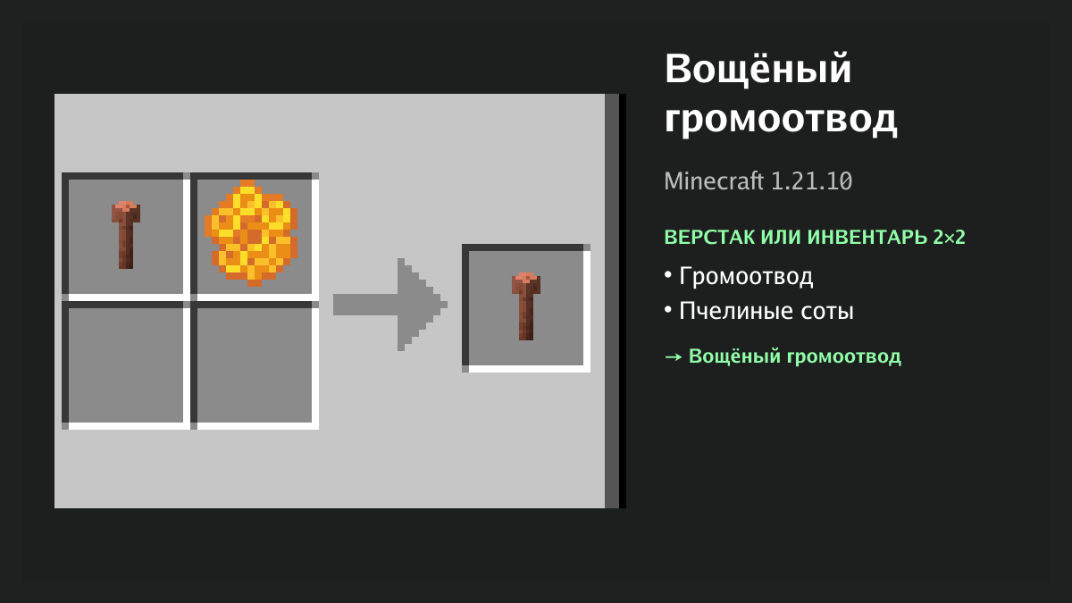 Рецепт: вощёный громоотвод в Minecraft — громоотвод, пчелиные соты (верстак или инвентарь 2×2)