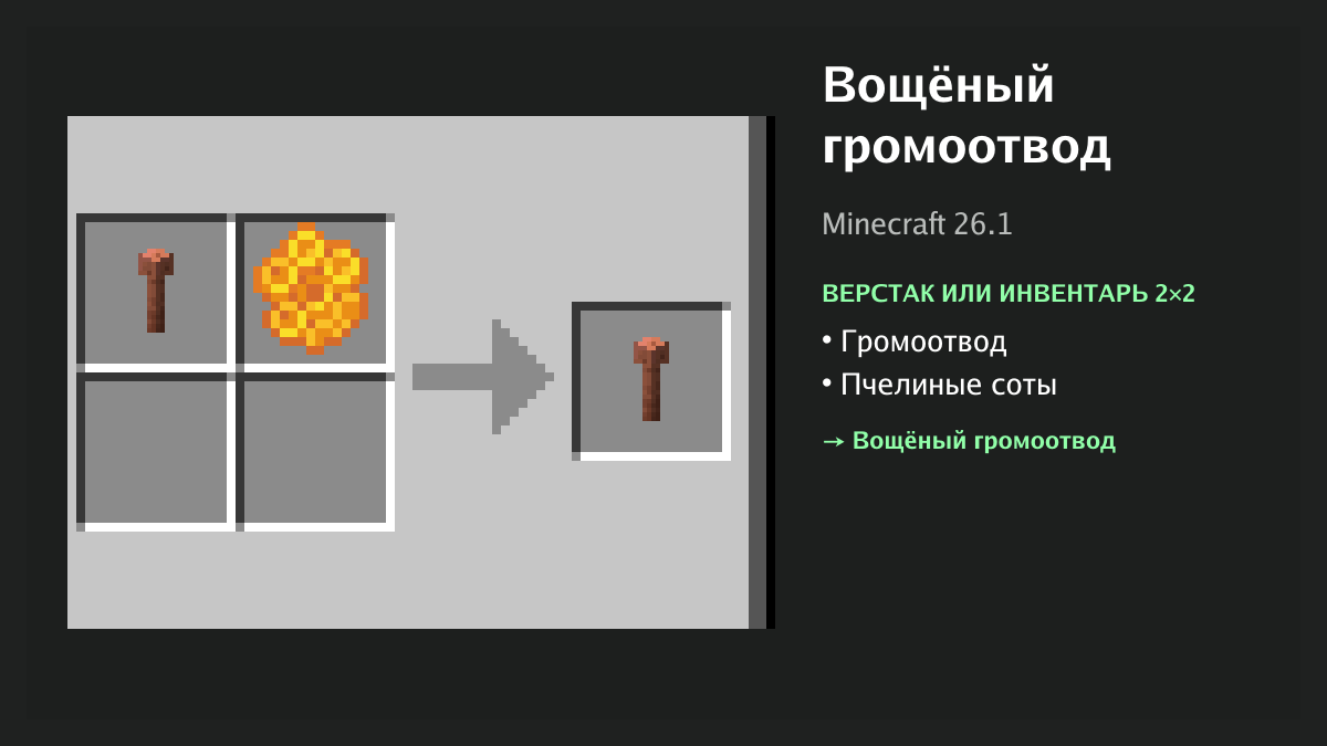 Рецепт: вощёный громоотвод в Minecraft — громоотвод, пчелиные соты (верстак или инвентарь 2×2)