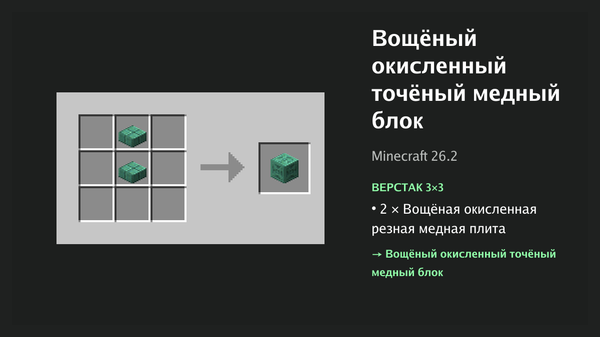 Рецепт: вощёный окисленный точёный медный блок в Minecraft — 2 × вощёная окисленная резная медная плита (верстак 3×3)