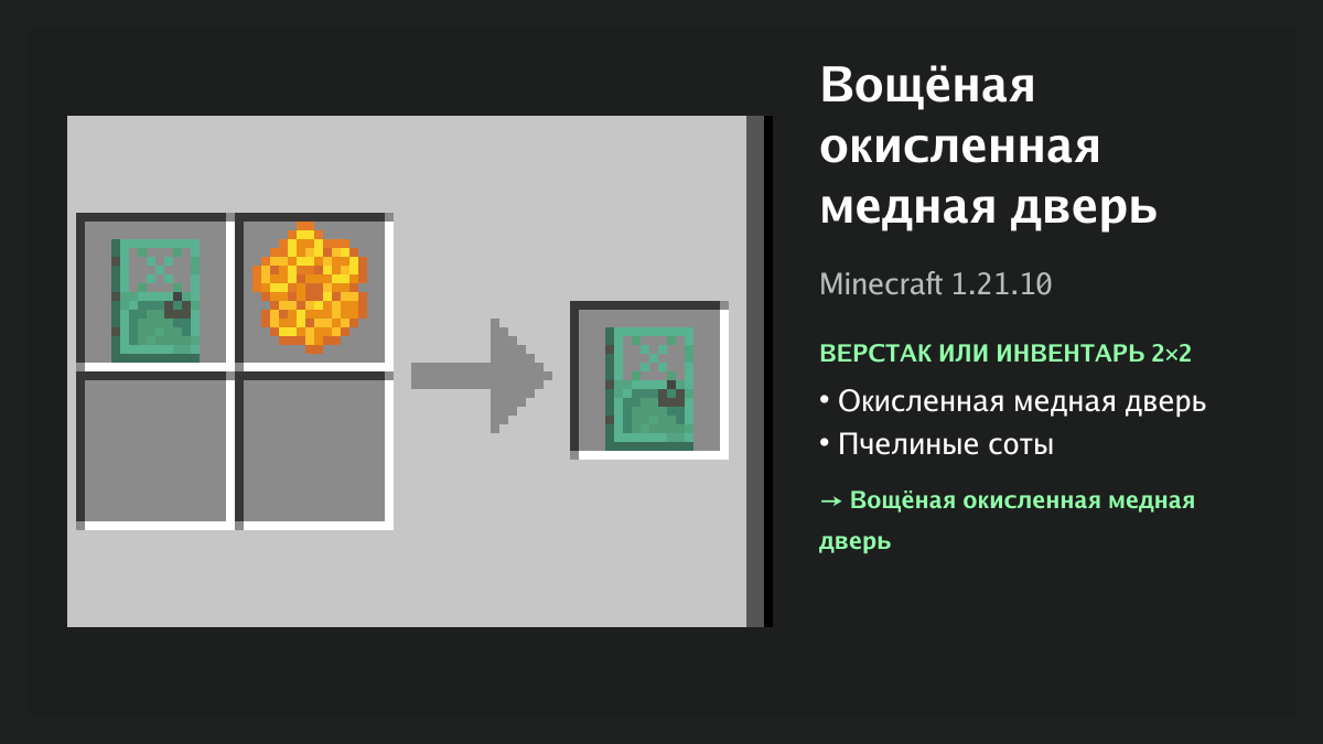 Рецепт: вощёная окисленная медная дверь в Minecraft — окисленная медная дверь, пчелиные соты (верстак или инвентарь 2×2)