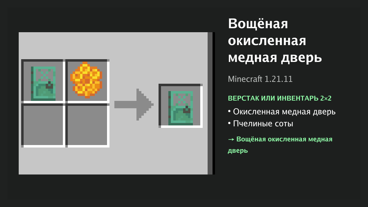 Рецепт: вощёная окисленная медная дверь в Minecraft — окисленная медная дверь, пчелиные соты (верстак или инвентарь 2×2)