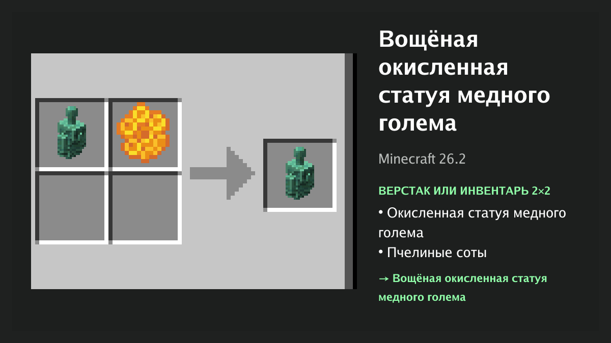 Рецепт: вощёная окисленная статуя медного голема в Minecraft — окисленная статуя медного голема, пчелиные соты (верстак или инвентарь 2×2)