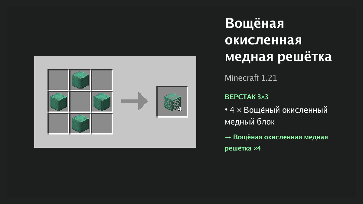 Рецепт: вощёная окисленная медная решётка в Minecraft — 4 × вощёный окисленный медный блок (верстак 3×3)