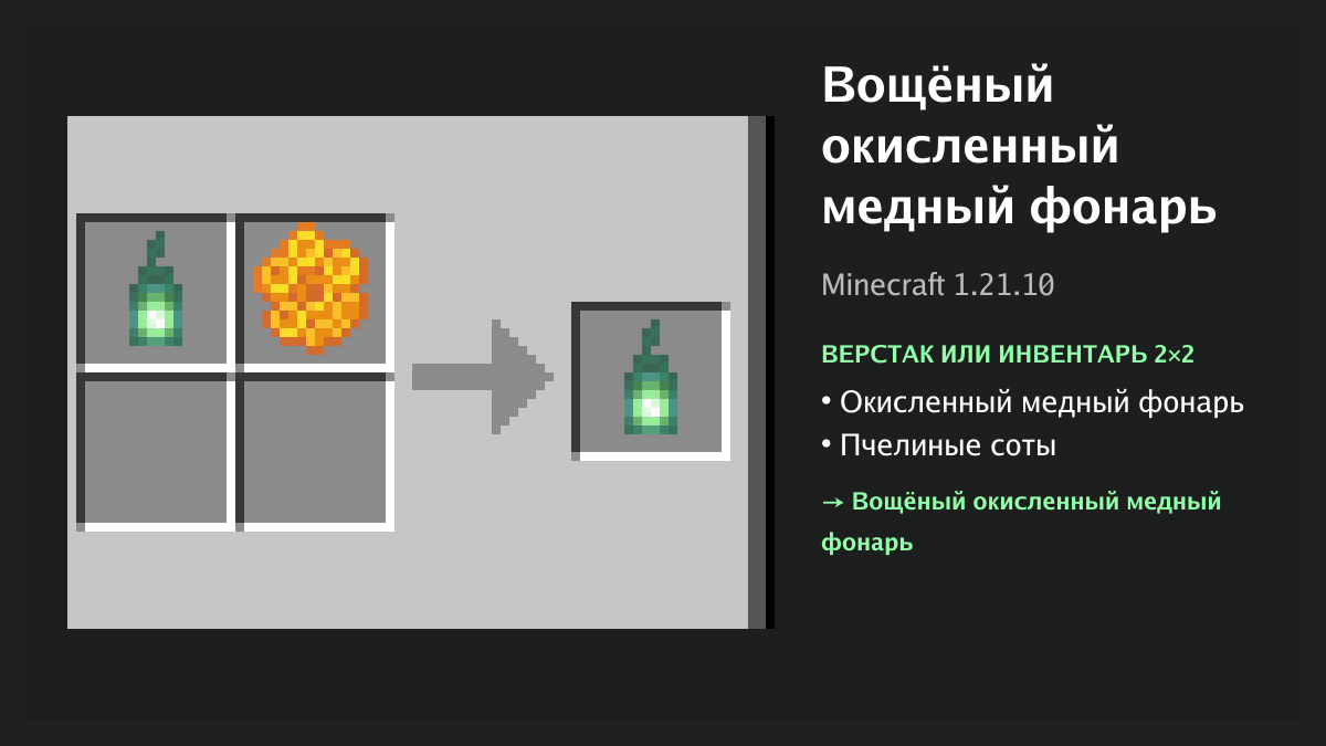 Рецепт: вощёный окисленный медный фонарь в Minecraft — окисленный медный фонарь, пчелиные соты (верстак или инвентарь 2×2)