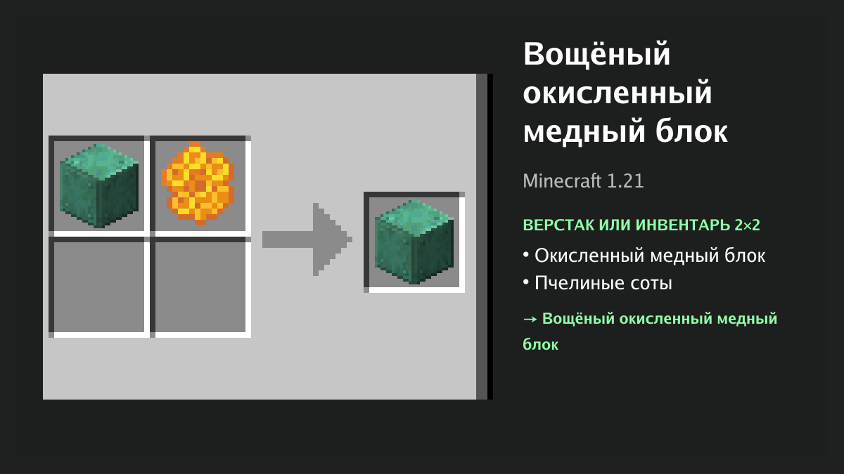 Рецепт: вощёный окисленный медный блок в Minecraft — окисленный медный блок, пчелиные соты (верстак или инвентарь 2×2)