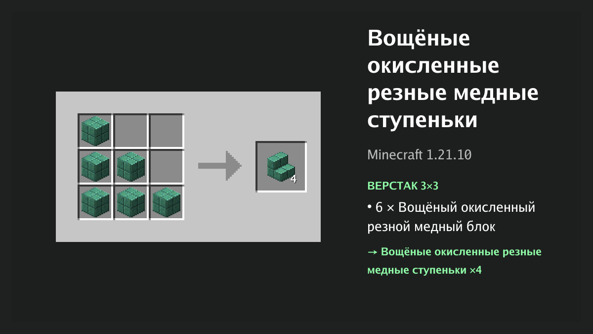 Рецепт: вощёные окисленные резные медные ступеньки в Minecraft — 6 × вощёный окисленный резной медный блок (верстак 3×3)