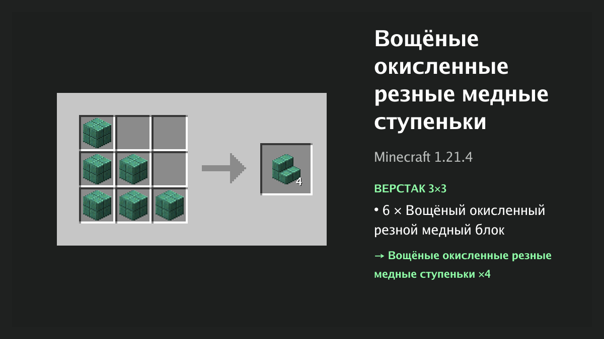 Рецепт: вощёные окисленные резные медные ступеньки в Minecraft — 6 × вощёный окисленный резной медный блок (верстак 3×3)